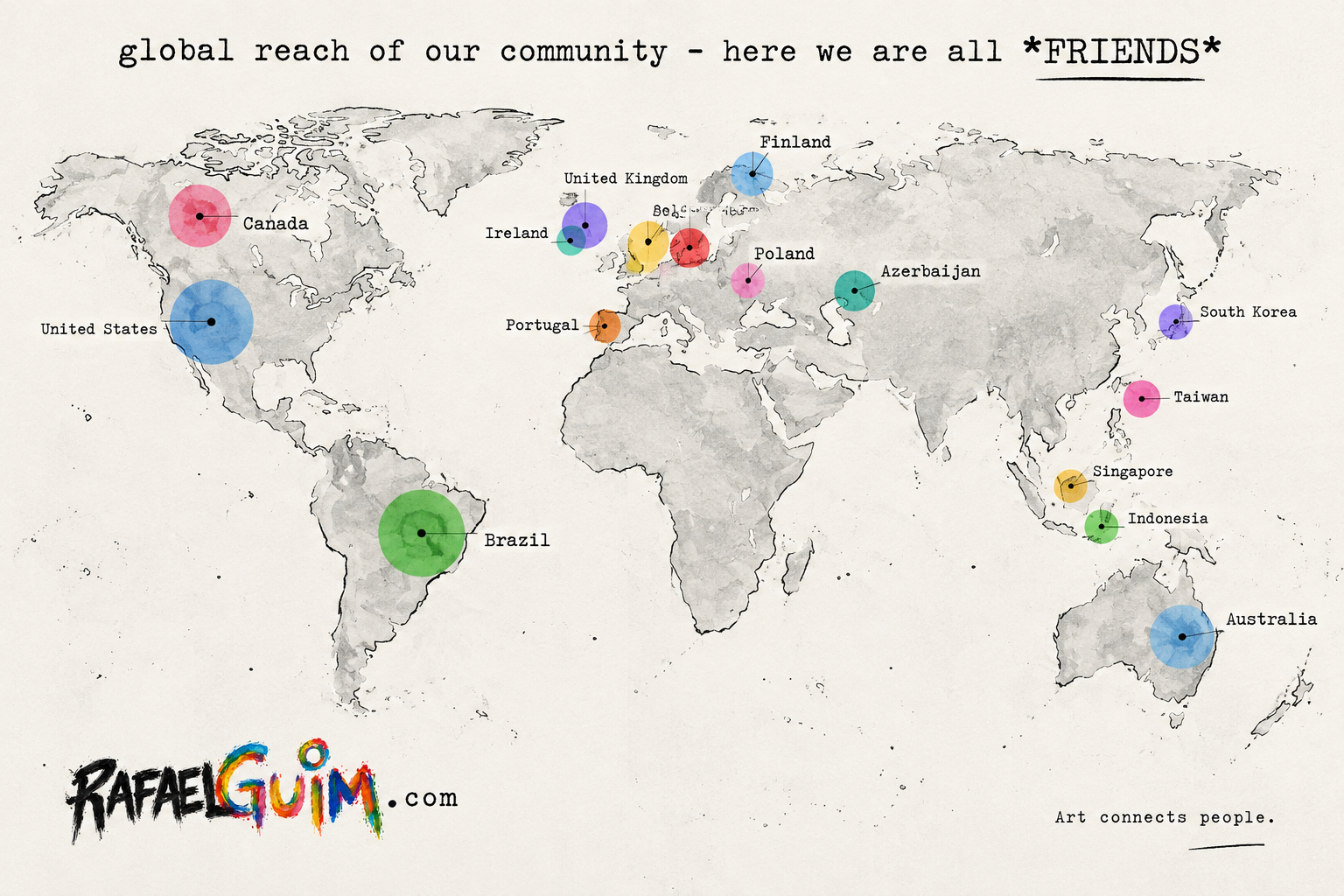 World map showing countries where Rafael Guim prints have traveled